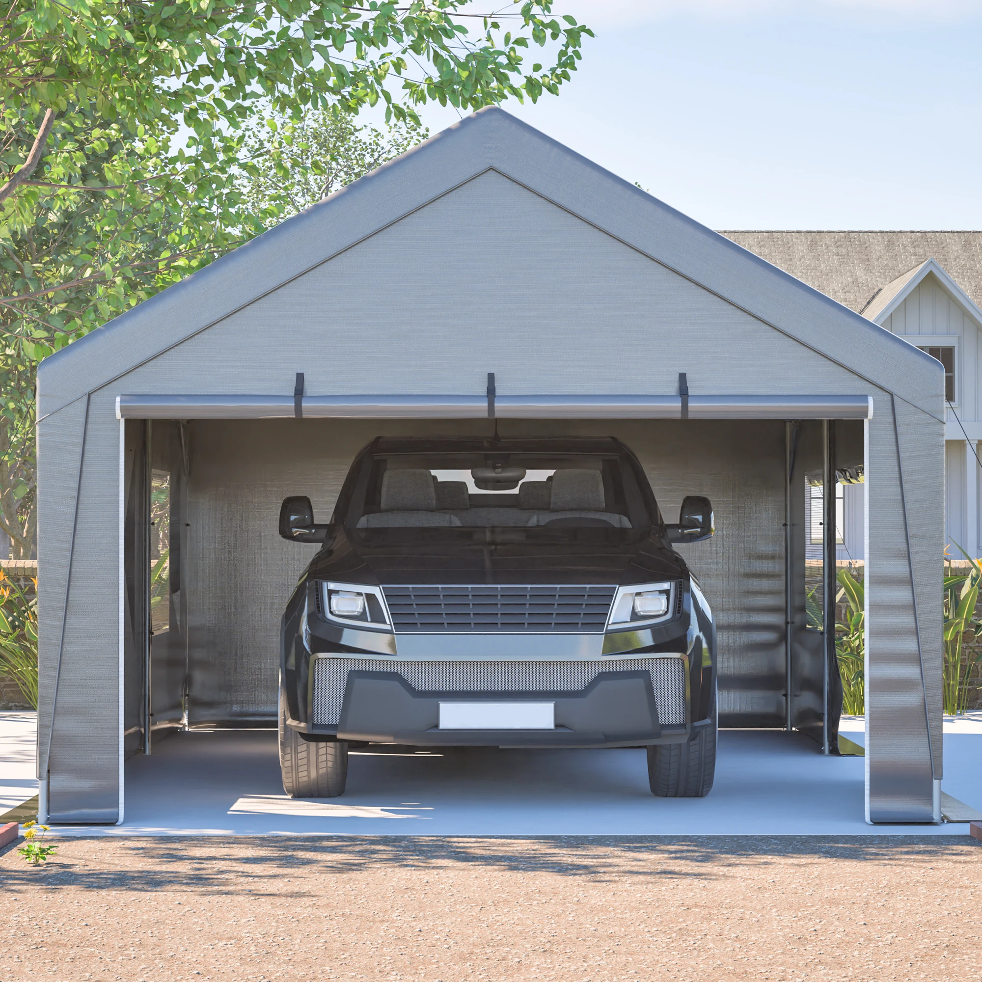 Abri de voiture/garage robuste et résistant aux intempéries avec protection UV, fenêtres enroulables, moustiquaire et parois latérales imperméables pour voiture, stockage de jardin, fête, camping, gris