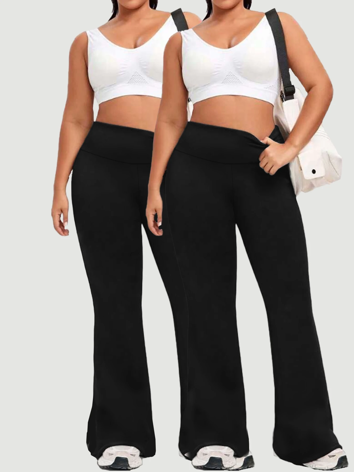 

2 Pack Plus Size Ladies high-rise flared yoga trousers with leg bottom. Perfect for yoga or casual.