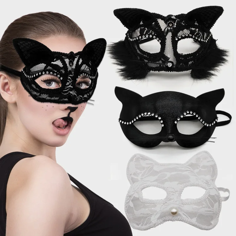 1PC Sexy Lace Eye Mask Black White Color Cat Mask Halloween Cosplay Animal Half Face Mask For Couple Masquerade Ball Party Game