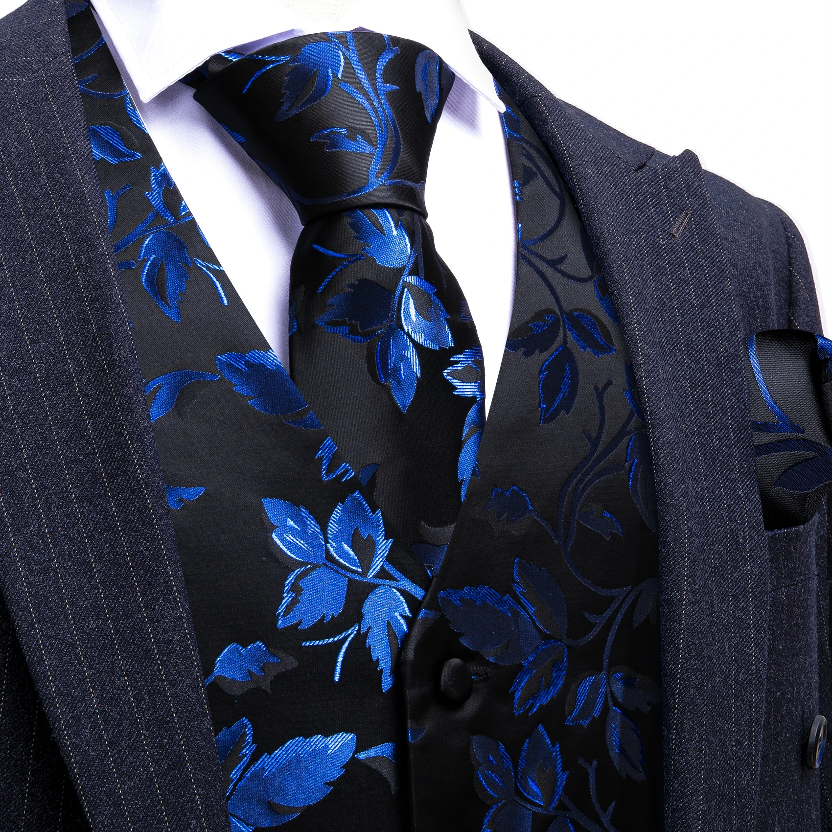 Colete de luxo para homens azul preto flor seda fino ajuste colete gravata lenço conjunto casamento formal negócios sem mangas jaqueta barry wang