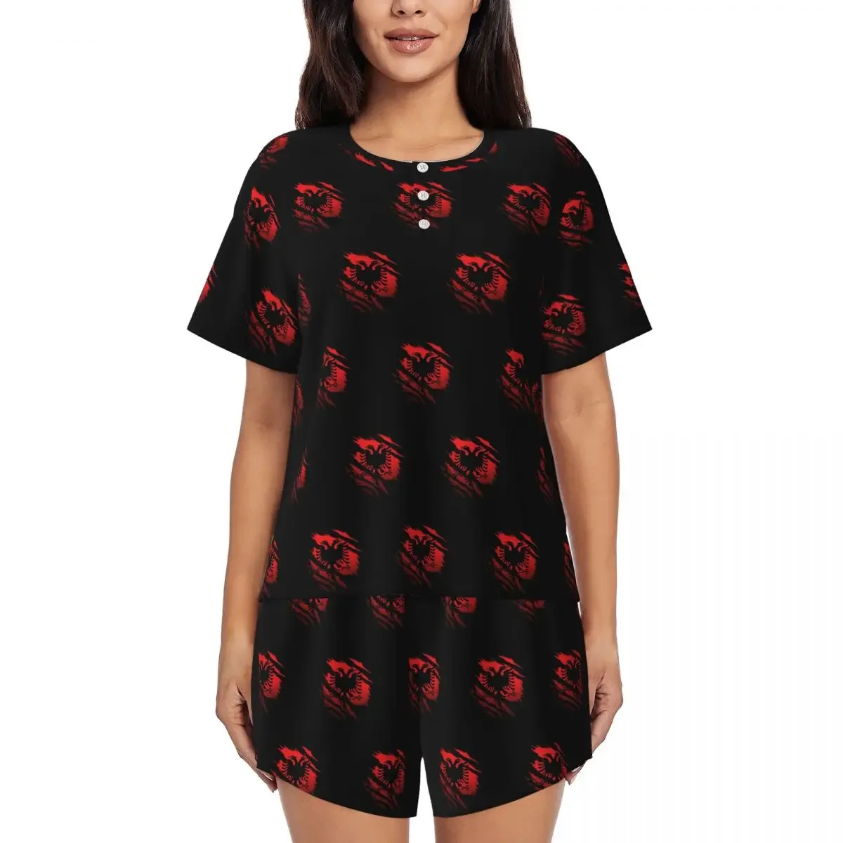 

Albania Flag Round Neck Short Sleeves Nightdress for Sleeping Sleepshirts Women Soft Pajama Set Short Pants