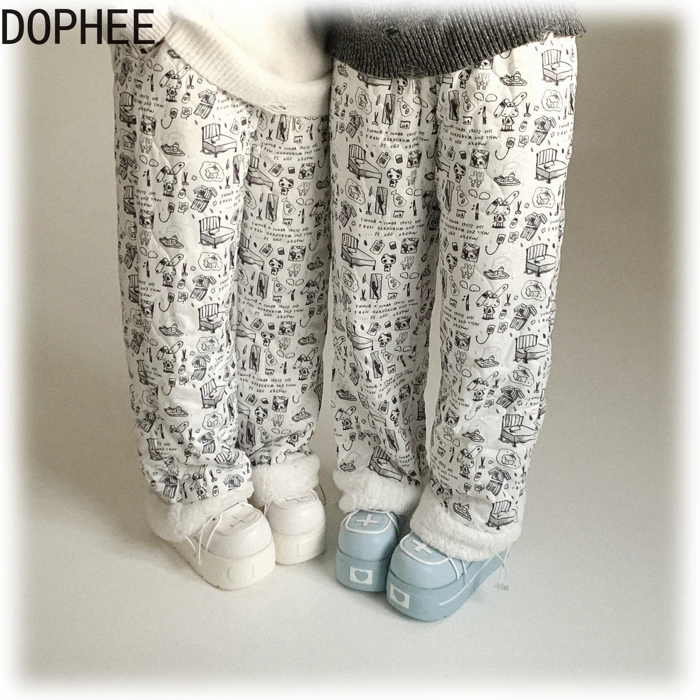 

Original Japanese Autumn Winter Thicken Cotton-padded Trousers Cute Subcultural Patterns Printing Elastic Waist Casual Pants