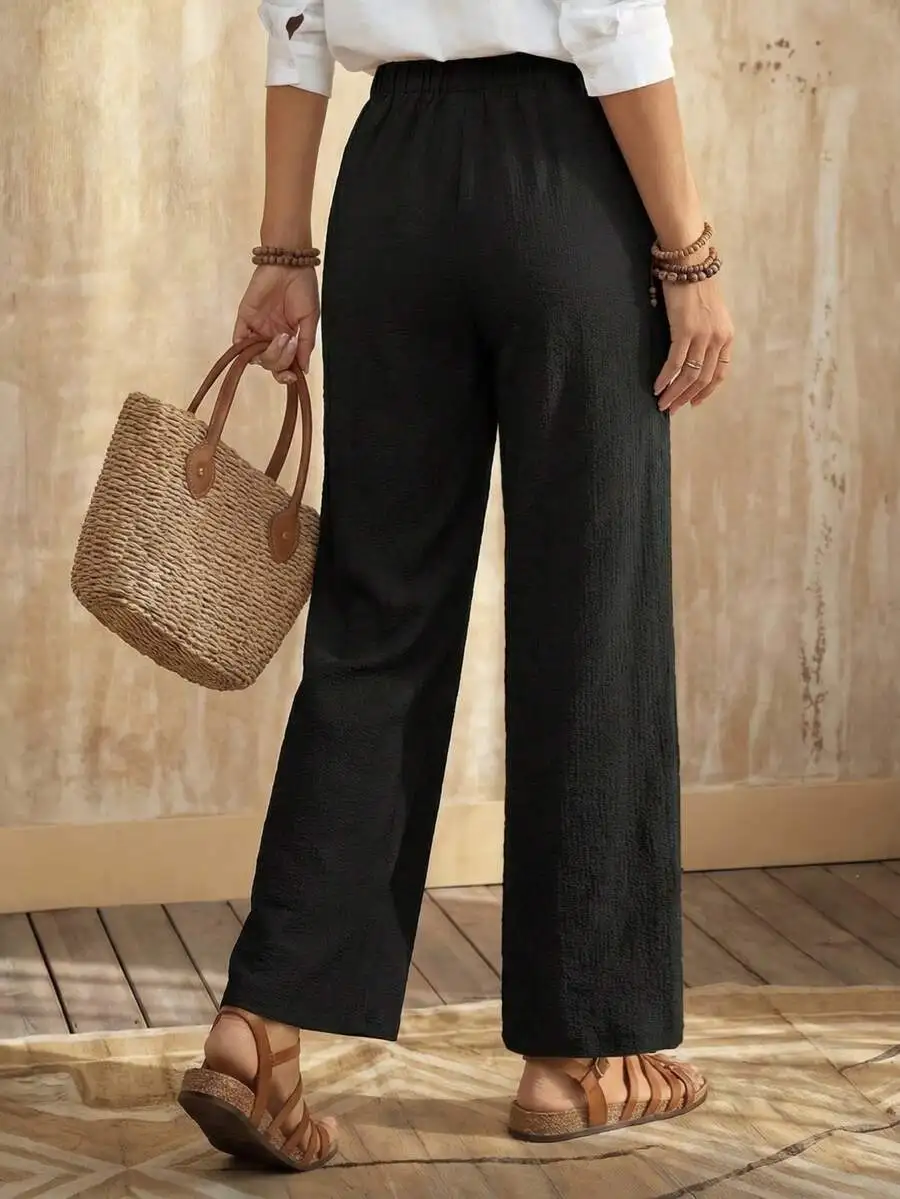 

Solid Elastic Waist Straight Leg Wide Pants For Women