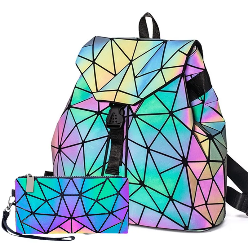 Casual Folding backpack for Men and Women,Holographic Laser Luminous Diamond Drawstring Shoulder Bag,Cool Fashion Travel Bag 2pc