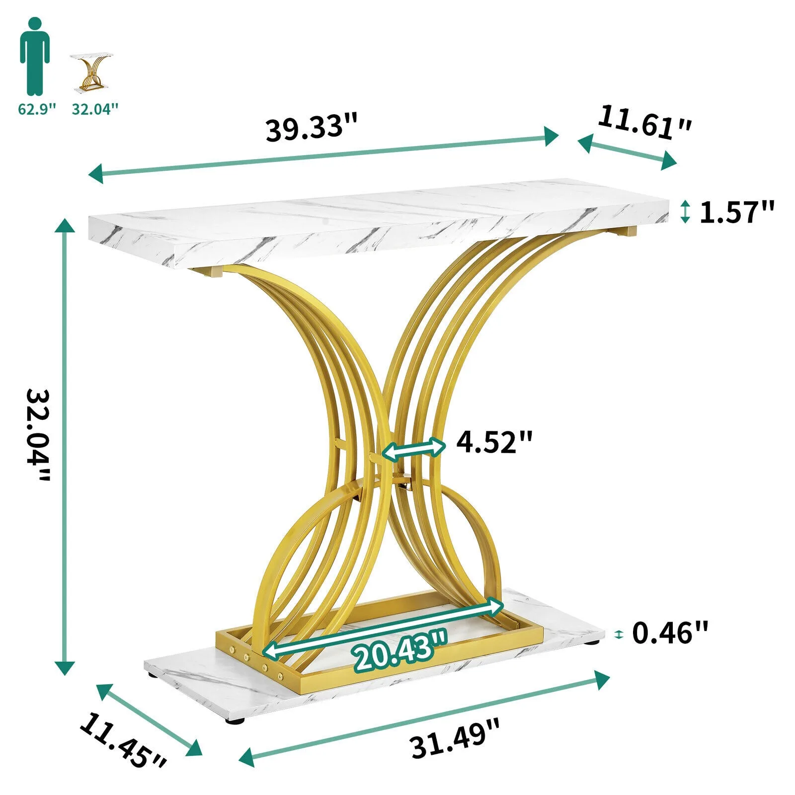 Mesa consola de oro de 39 pulgadas, mueble de imitación de mármol blanco, para sala de estar