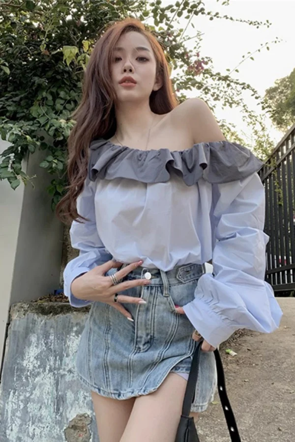 

Color Block Ruffle Shirt Women's New Spring Top