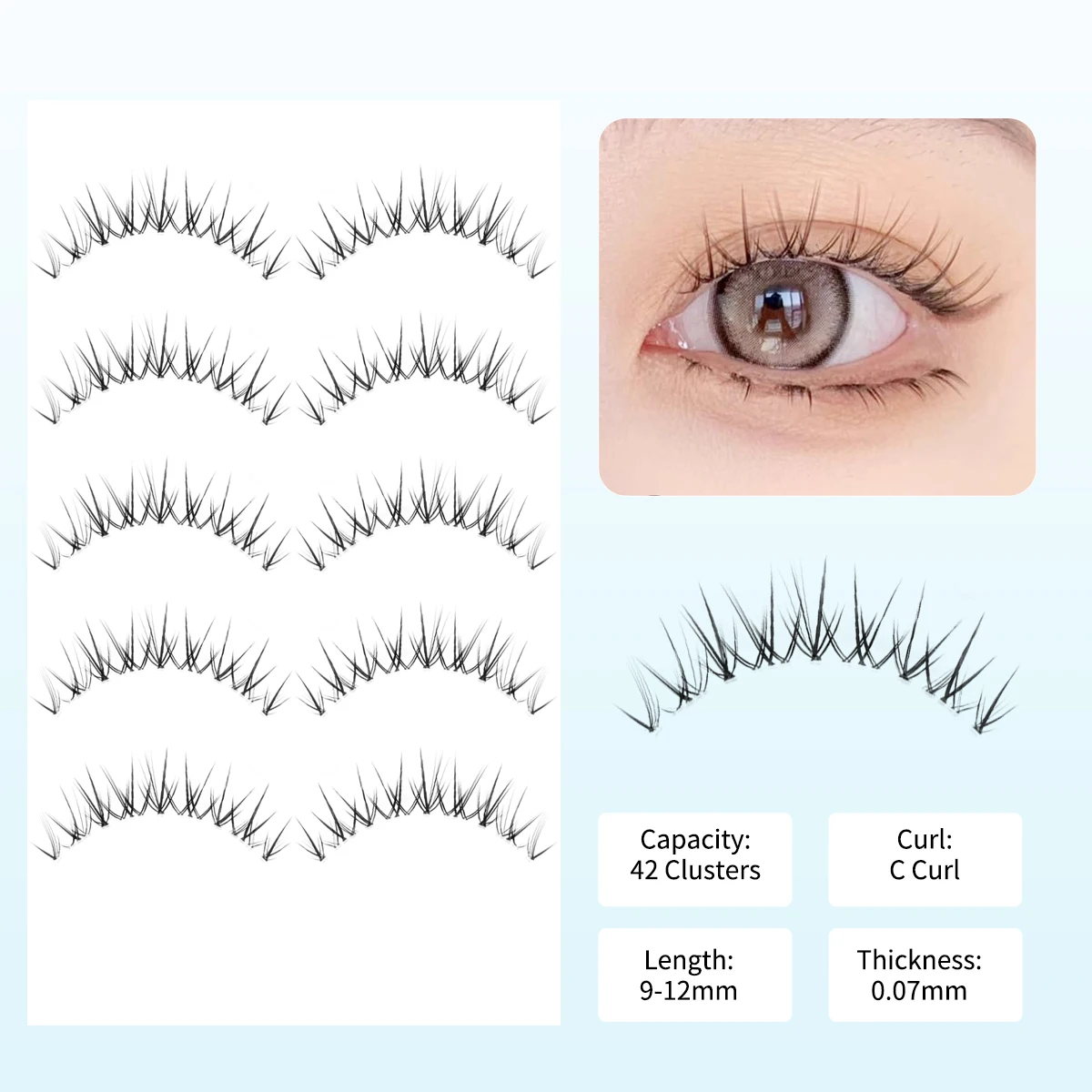 5 Paar W70 falsche Wimpern, dünne, weiche Cluster-Wimpern, natürliche, dicke Manga-Wimpern mit klarem Band, koreanischer Stil, Anime-Make-up