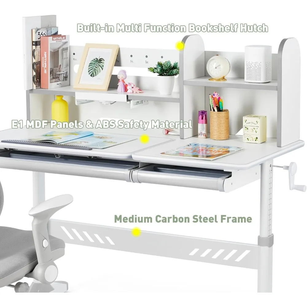 Adjustable Kid's Desk with Storage Hutch and Drawers, 47 Wide Multifunction Ergonomic Study Table, featuring Tilt Function