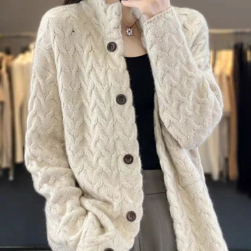 Women's Thickened Streak-up Stand-collar Top Loose Solid Color Long-sleeved Knitted Sweater Jacket