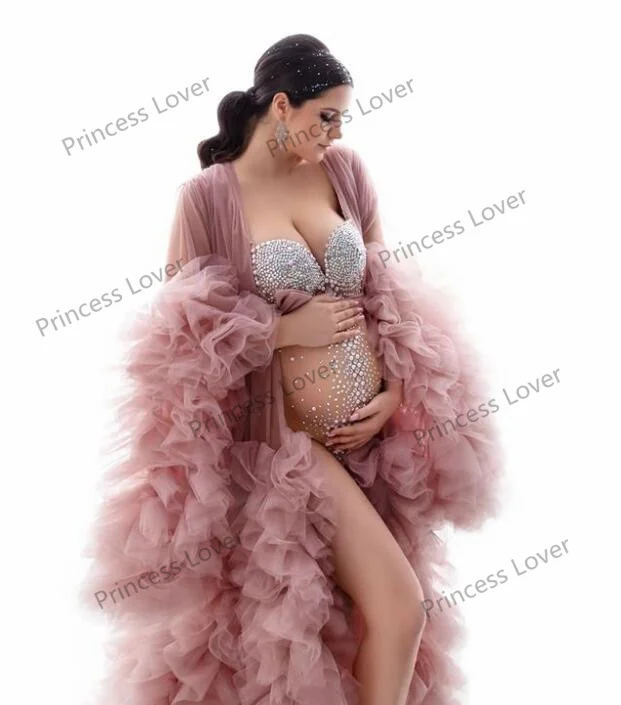 Elegant Long Boho Maternity Dresses Ruffles Tulle Photography Dressing Gown with Belt Women's Prom Dress Vintage robe de mariee