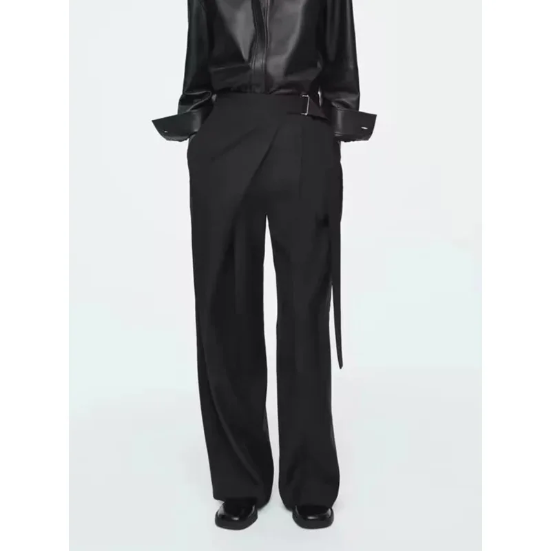 

HUISONG Solid Spliced Folds Chic Pants For Women High Waist Patchwork Belt Casual Wide Leg Pant Female Fashion Style New 9mkitm