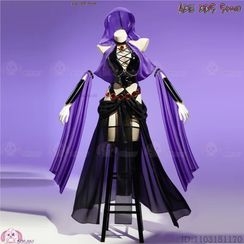 アニメティーンレイブンタイタンズ同人コスプレ衣装ハロウィン紫魔女ダンサードレスファンシーガウンフード付き-pu-衣装女性衣装