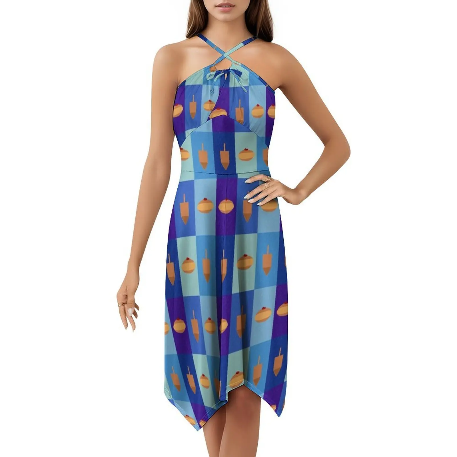 فستان D&D-Dougnuts and Dreidels الأزرق الشبكي للنساء للحفلات الأنيقة على شكل حرف A مع خيارات قصيرة/طويلة/بدون أكمام يهودية يهودية #5