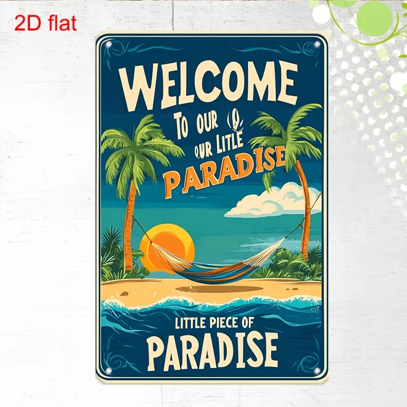 2D flat, 1pc vintage metal trim signagewelcome to paradise text|Durable, pre-perforated, easy to hanging,suitable for art