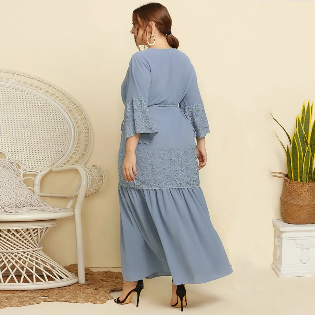 

Женское элегантное однотонное платье больших размеров с кружевной юбкой на бретельках и рукавами-колокольчиками, весна/осень, новый стиль Jr115