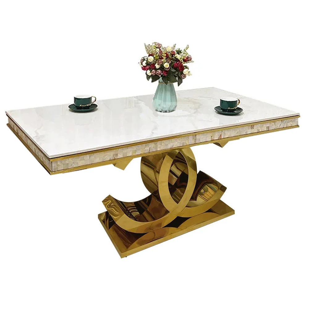 

MANBAS Stainless Steel Dining Table with Sintered Stone / Marble Top Designer Mesas De Comedor with Sea Shell Kitchen Furniture