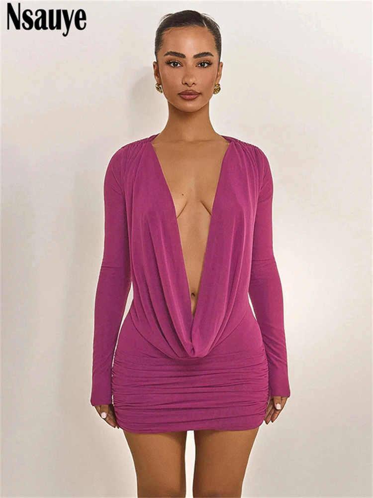 فستان Nsauye مثير للحفلات المسائية بأكمام طويلة قصير للنوادي الليلية للنساء بياقة على شكل V ومنخفض القطع فستان أنيق صغير لشتاء 2025