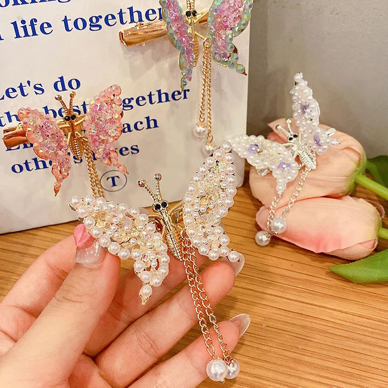 Super Fairy Three-Dimensional Rhinestone Hairpin Moving Crystal Butterfly Headdress Elegant Temperament Tassel Hair Accessories