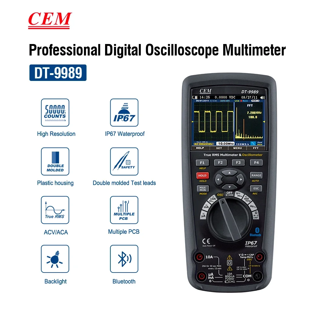 DT-9989 CEM 2 en 1 Professionnel 50,000 points True RMS Multimètre Numérique Oscilloscope avec 320x240 TFT document LCD Affichag