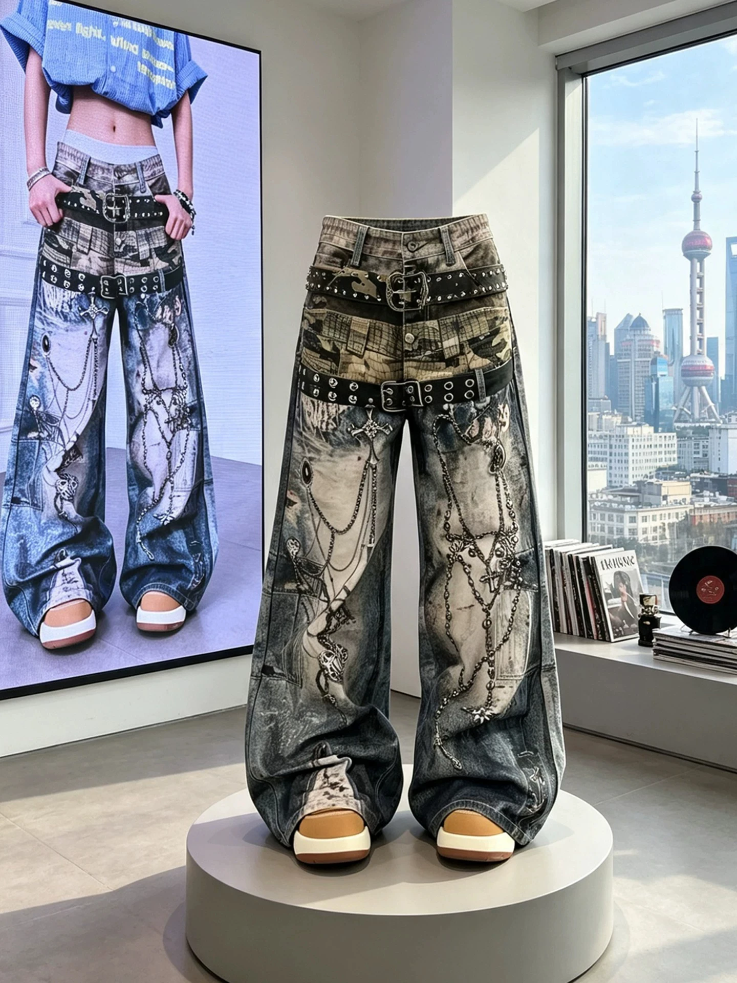 American High Street Chain 3D Digital Print Men's Jeans Washed Wide Leg Long Pants Personality Youth Fashion Straight Cut