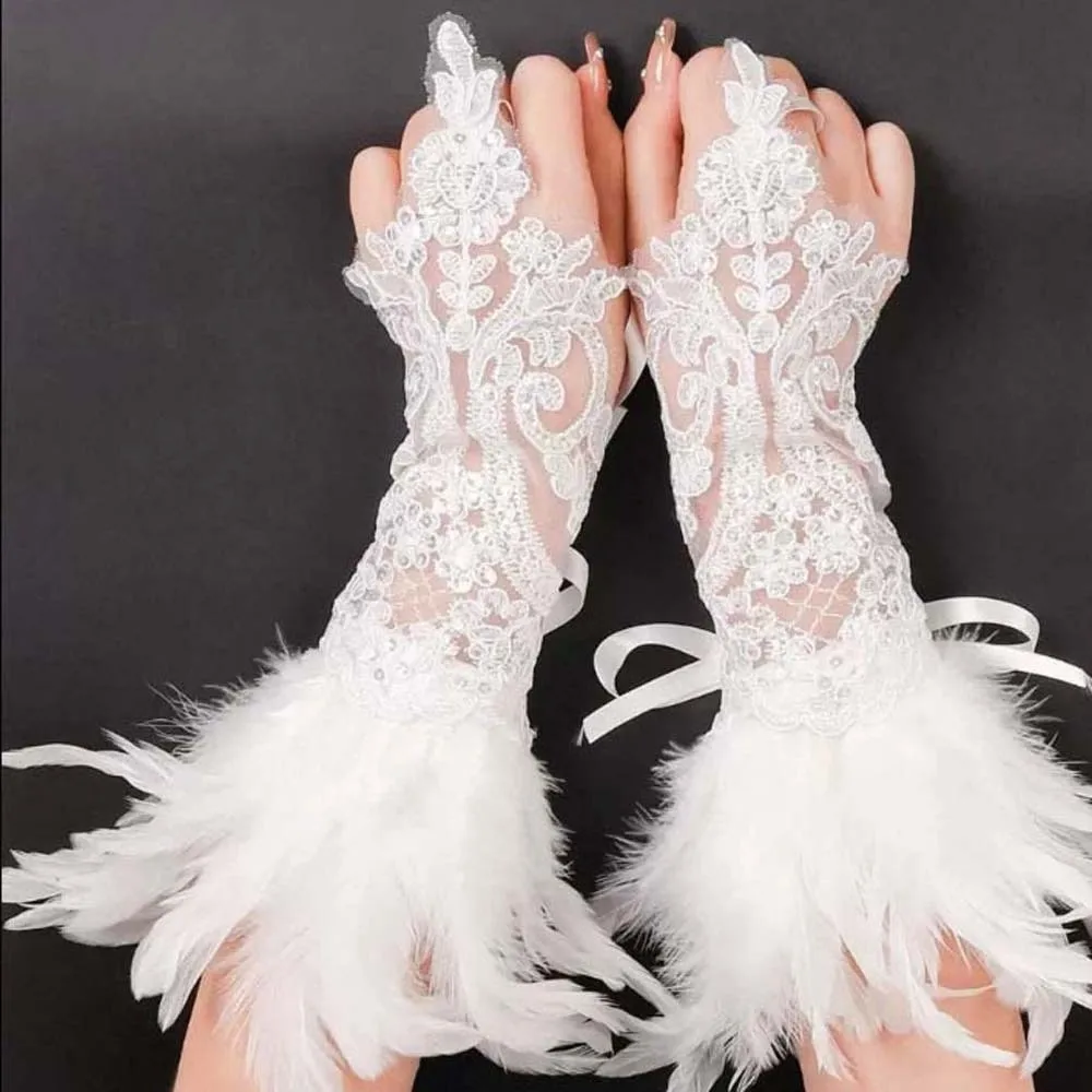 Polsino creativo Guanti di piume di Halloween Guanti di pizzo di piume gotiche retrò Ricamo Polsini di Halloween per donne scure Carnevale