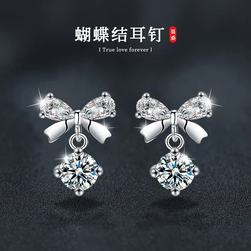 

S925 pure silver moissanite bowknot earrings for women, light luxury niche design earrings, silver jewelry