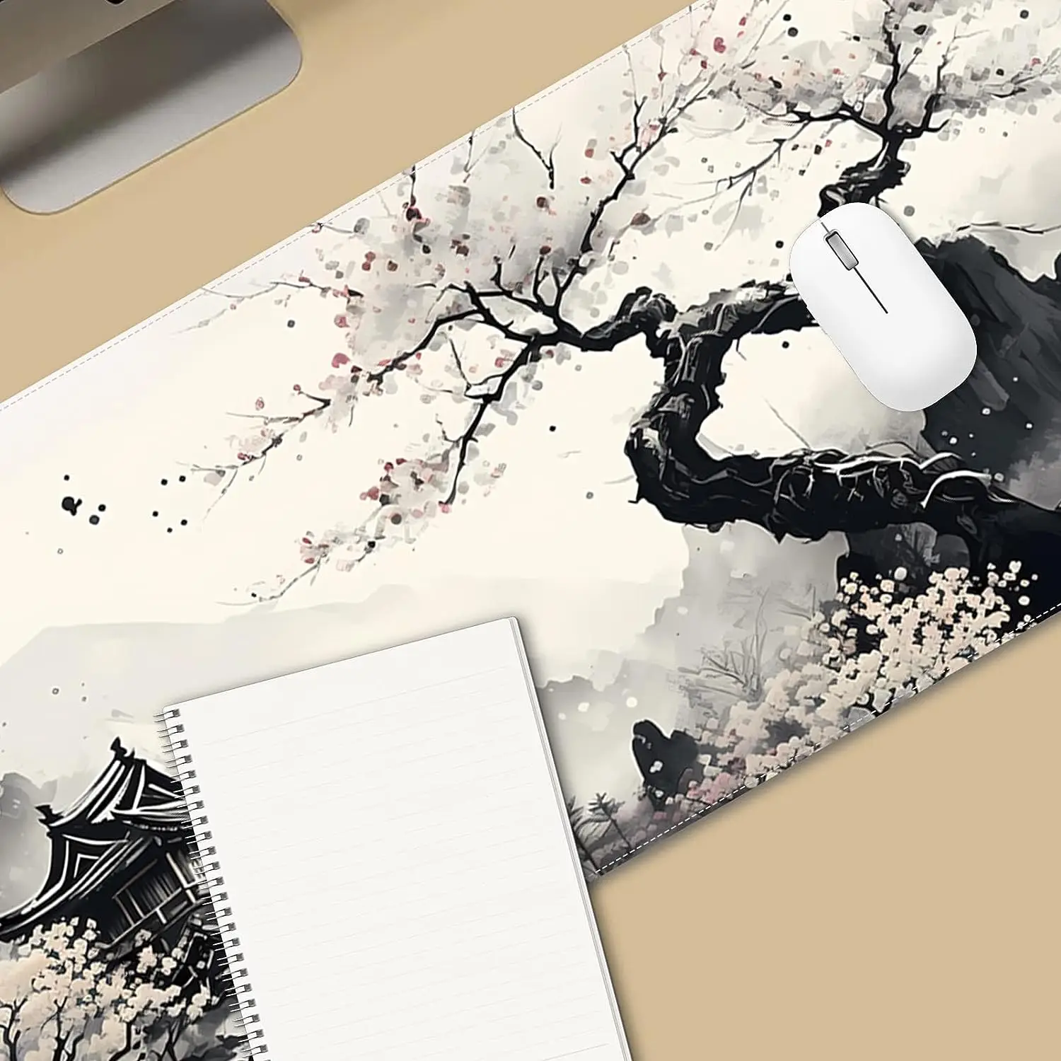 Asian Ink Painting  Gaming Mouse Pad Non-Slip Rubber Mouse Pad with Stitched Edges Waterproof Mouse Mat for Office 31.5" x11.8"