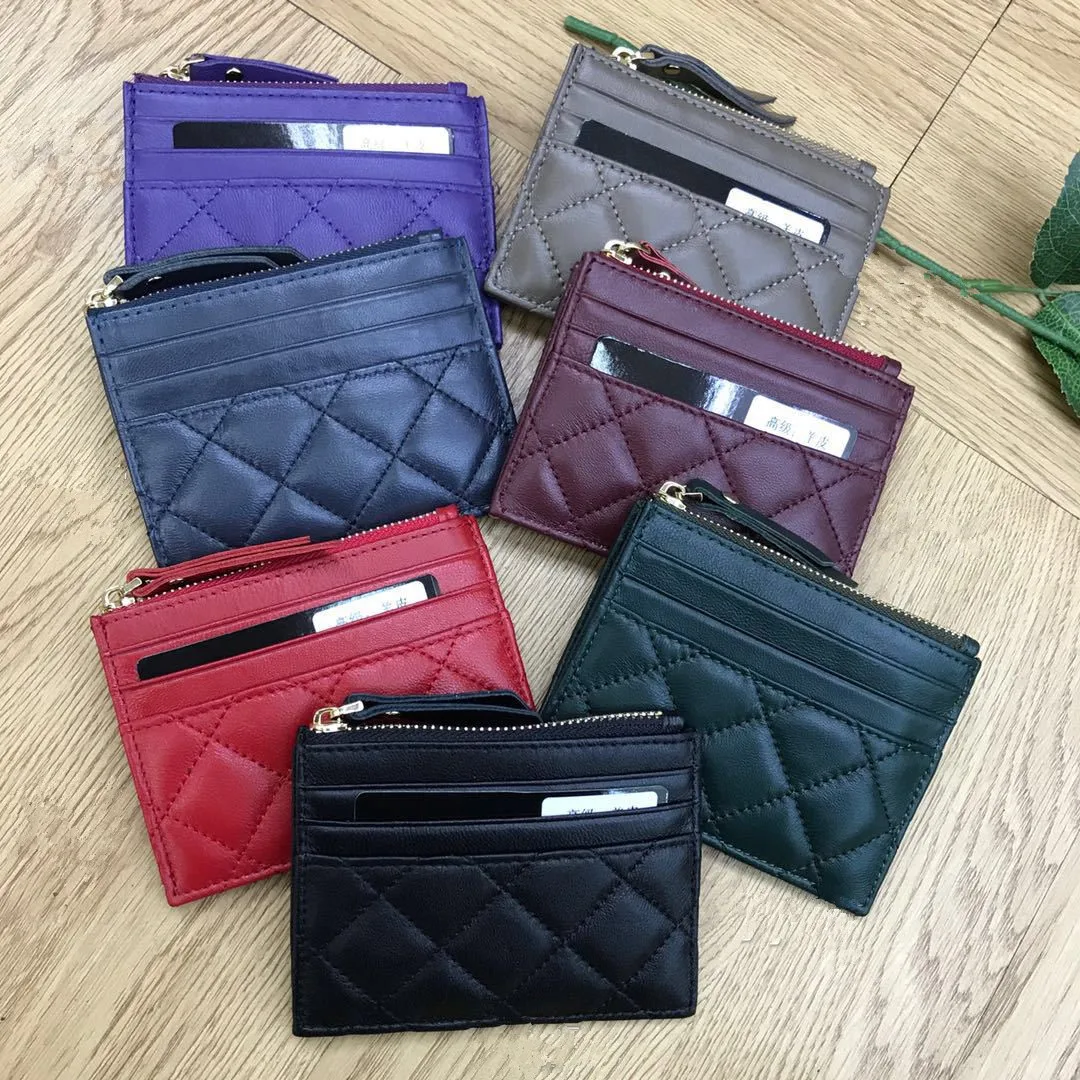 

Top Quality Solid Color Genuine Lambskin Credit Card Holder Business Bank Cards Coin Compact Zippy Wallet 7 Colors Option