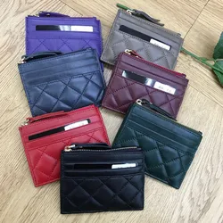 Top Quality Solid Color Genuine Lambskin Credit Card Holder Business Bank Cards Coin Compact Zippy Wallet 7 Colors Option