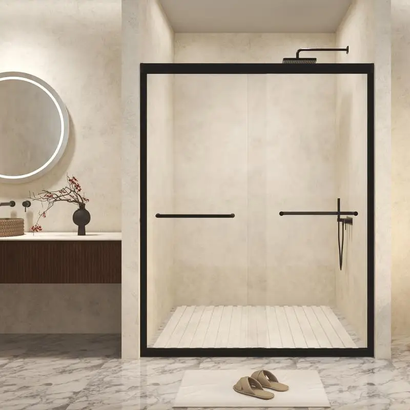

56-60" x 72" Tempered Glass Double Sliding Shower Door with Explosion Proof Film, Aluminum Frame, 1/4" (6mm) Thickness,