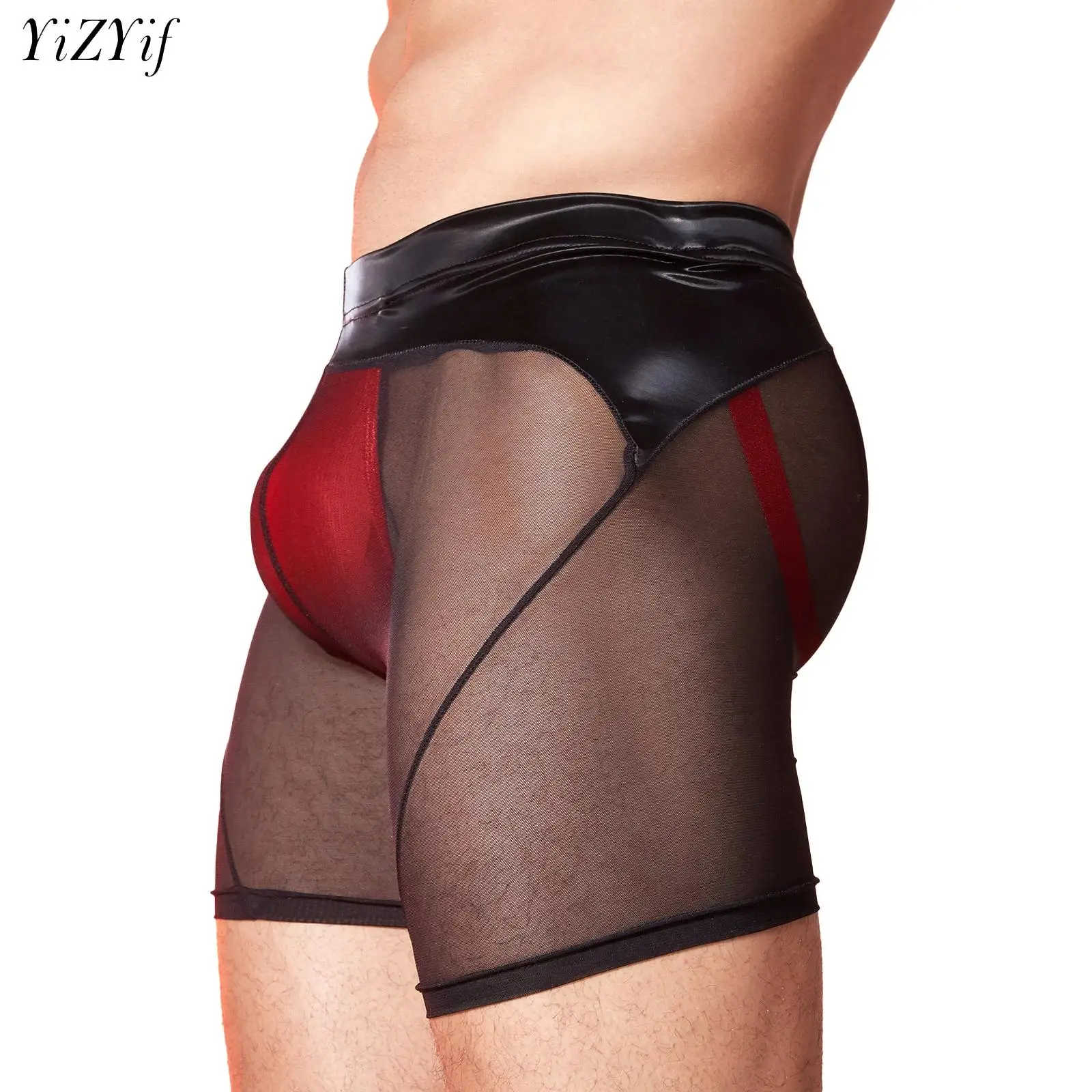 

Fashion Patchwork Men's Panties U Bulge Pouch Mesh Sheer Transparent Underwear Boxer Man Lingerie Sexy Underpants Shaper Shorts
