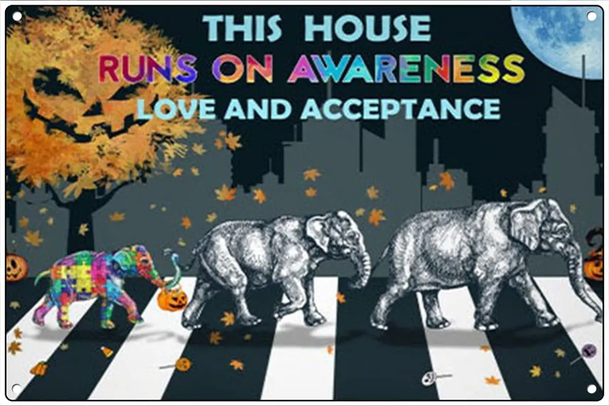 Graman Autism Awareness Elephant This House Runs On Awareness Love and Acceptance Vintage Metal Tin Sign for Men Women,Wall sign