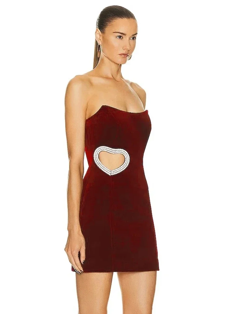 Sexy senza spalline Cut Out Diamond Heart Bandage Dress Wine Red Backless Crystal Mini Bodycon Dress Evening Celebrity Party