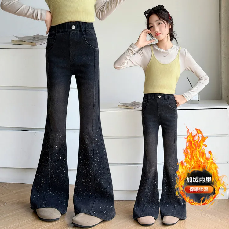Teen Girls Jeans for Autumn Winter Stylish New Thick Warm Fleece Denim Pants Children Clothes Spring Kids Micro-flared Trousers