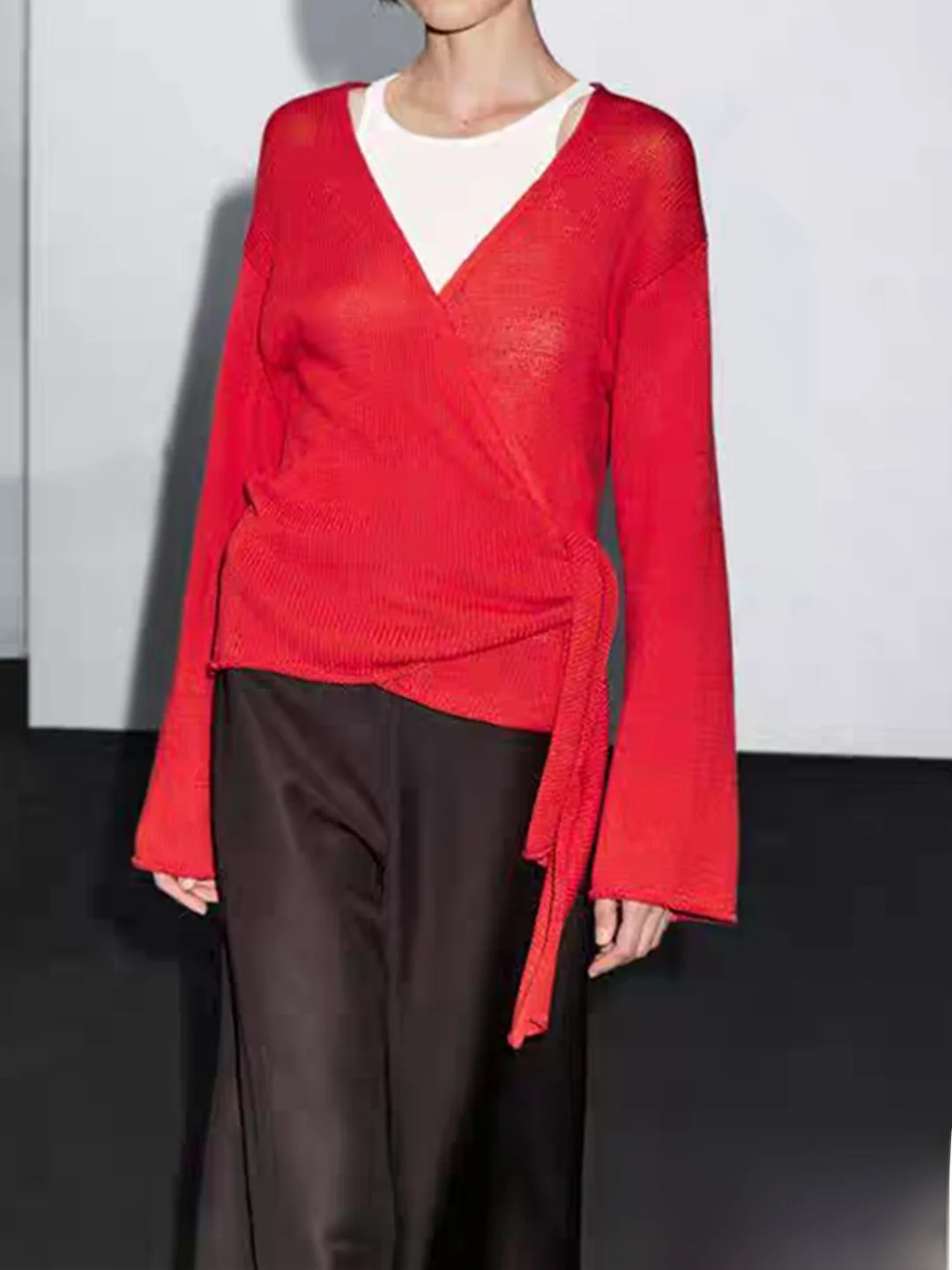 

Повседневный вязаный женский открытый кардиган V-Ne Long Sve Lazy Sle Design Sense с поясом из чистого хлопка для поездок на работу Sle Faion