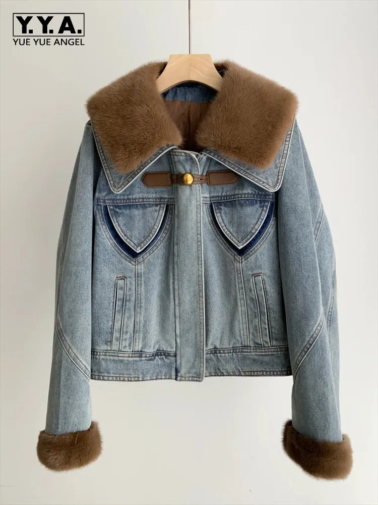 Hiver femmes col de fourrure de vison mode Denim doudoune chaud à manches longues concepteur Streetwear vêtements d'extérieur décontractés femme manteau court
