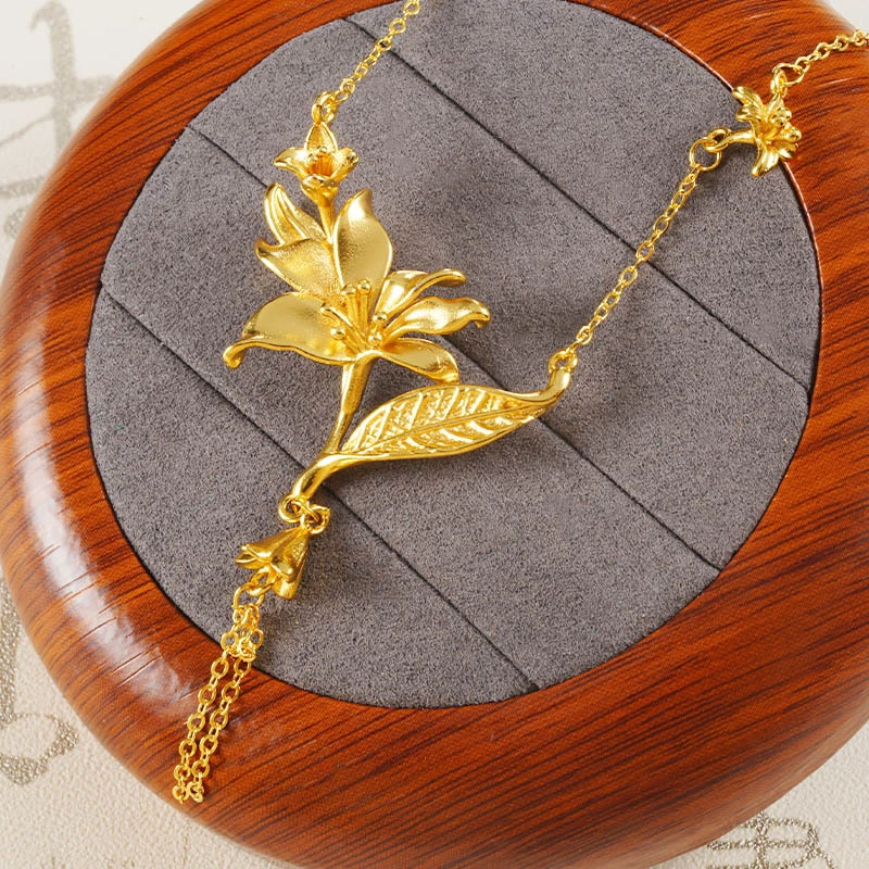 24K Solid Gold Lily Flower Necklace  Vintage Tassel Choker Chain, Real Gold Luxury Jewelry