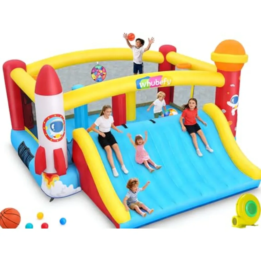 

Надувной батут для детей 8-12 лет, 4,1м x 3,9м, с большой горкой, скалодромом, баскетбольным кольцом, из утолщенного материала