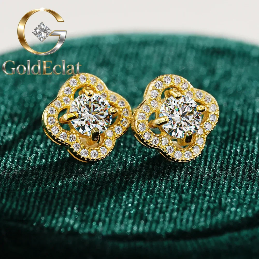 

GoldEclat Luxury 100% Real 18k Gold Ring Lucky Grass Moissanite Women's Stud Earrings Luxury Classic