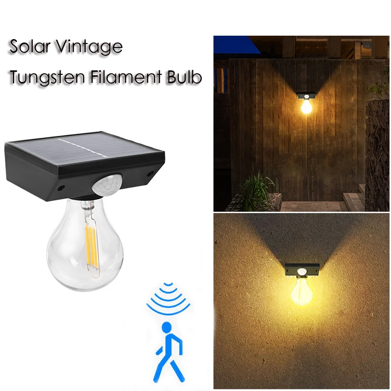 

Solar Vintage Tungsten Filament Bulb with Motion Sensor Warm White Lighting Porch Garden Solar Wall Lamp for Retro Exterior Deco