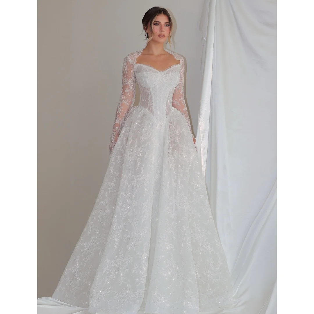 

Exquisite Lace Beaded Wedding Dresses See Thru Corset Bridal Gown Long Sleeves Luxury robe de mariée Customized
