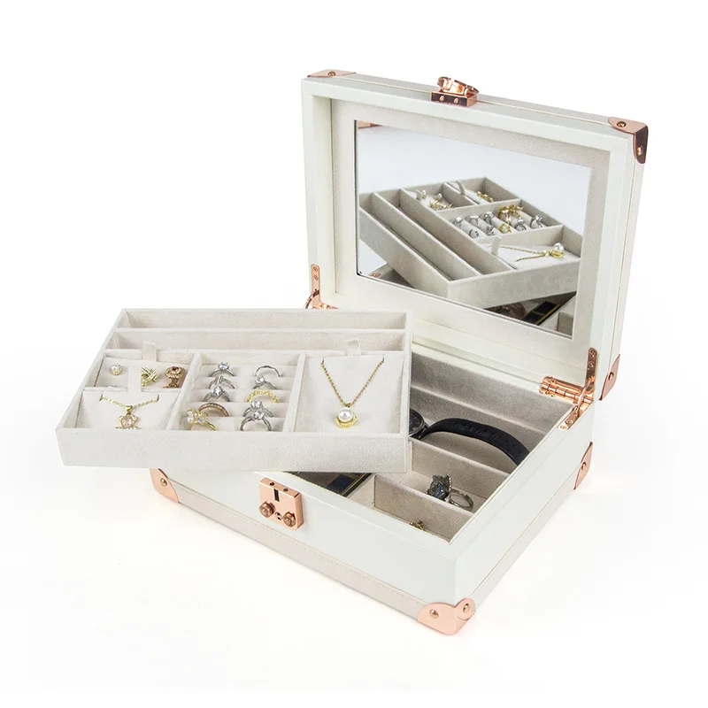 

Leather Jewelry Box Minimalist Mirror Storage Boxes Bracelet Earring Necklace Case Display Jewelry Ring Watch Organizer Holder