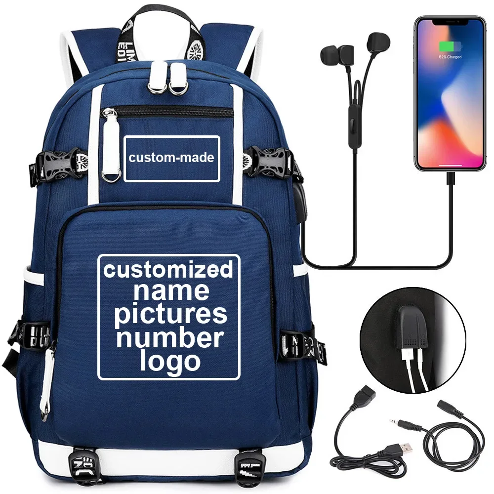 Customized Print DIY Your Like Photo or Logo Boy Girls Kids Book Bag Women USB Laptop Backpack Canvas Men Bagpack Big Travel Bag