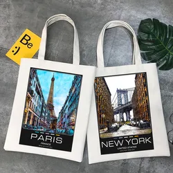 New York Paris Amsterdam Barcelona Lisbon Kyiv Cairo Istanbul Madrid Women Canvas Cotton Tote Bags Eco Shoulder Shopper Handbags