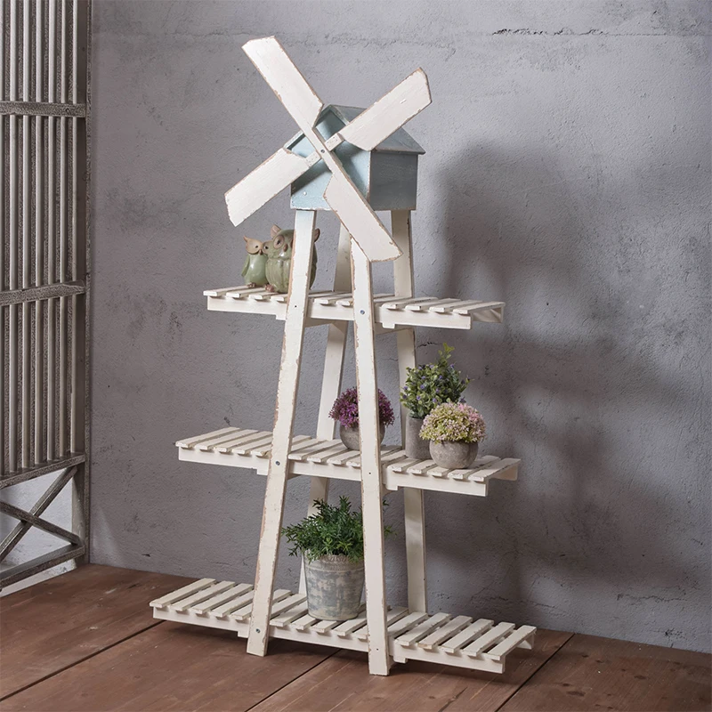 Old rural style garden outdoor floor standing windmill flower rack living room balcony solid wood homestay decoration