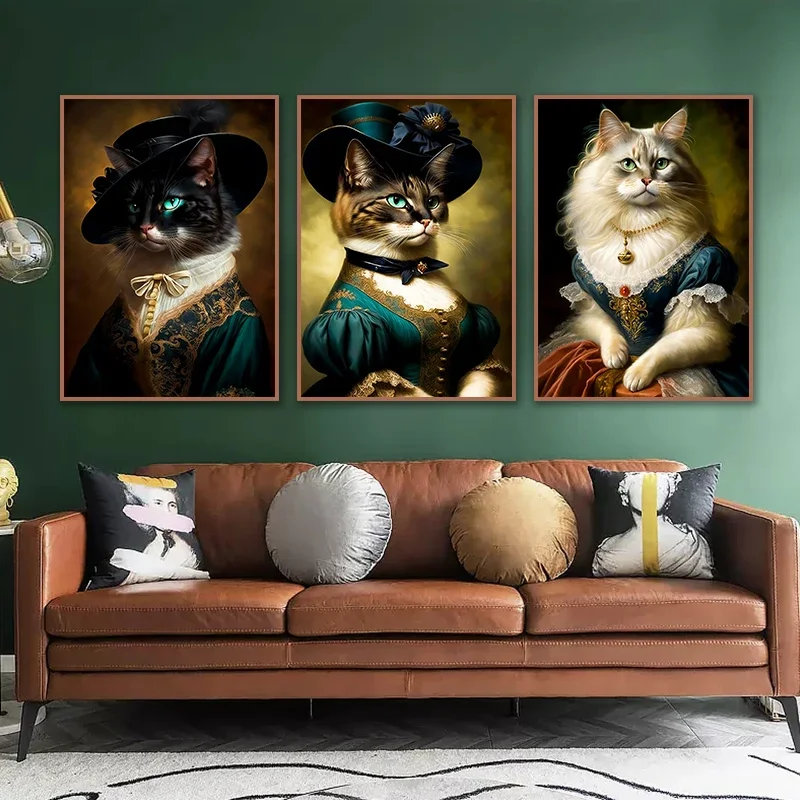 Renaissance European Aristocrat Black Cat White Cat Drink Beer Elegant Animals Poster Canvas Print Wall Art For Room Home Decor