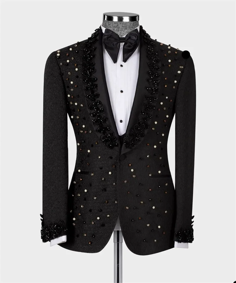 2 Pcs Jacquard Men Suit Set Blazer+Vest Crystal Beaded Formal Wedding Groom Tuxedos Tailor Made Jacket Coat Мужской костюм