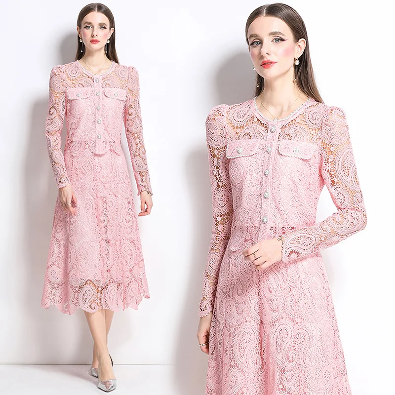 

New 8583 Faionable Soluble Lace Set Women's Heavy Embroidery Top And Skirt Ensemble Summer 2025 Long Sve round Ne Button