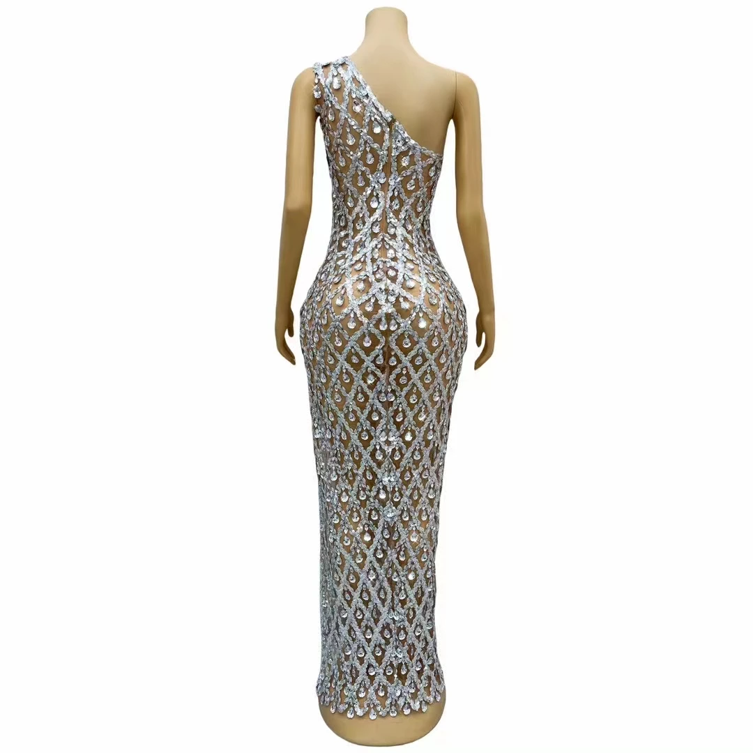 Sexy luxo prata lantejoulas strass vestido feminino noite celebrar festa de aniversário transparente alta divisão vestido longo fotografia