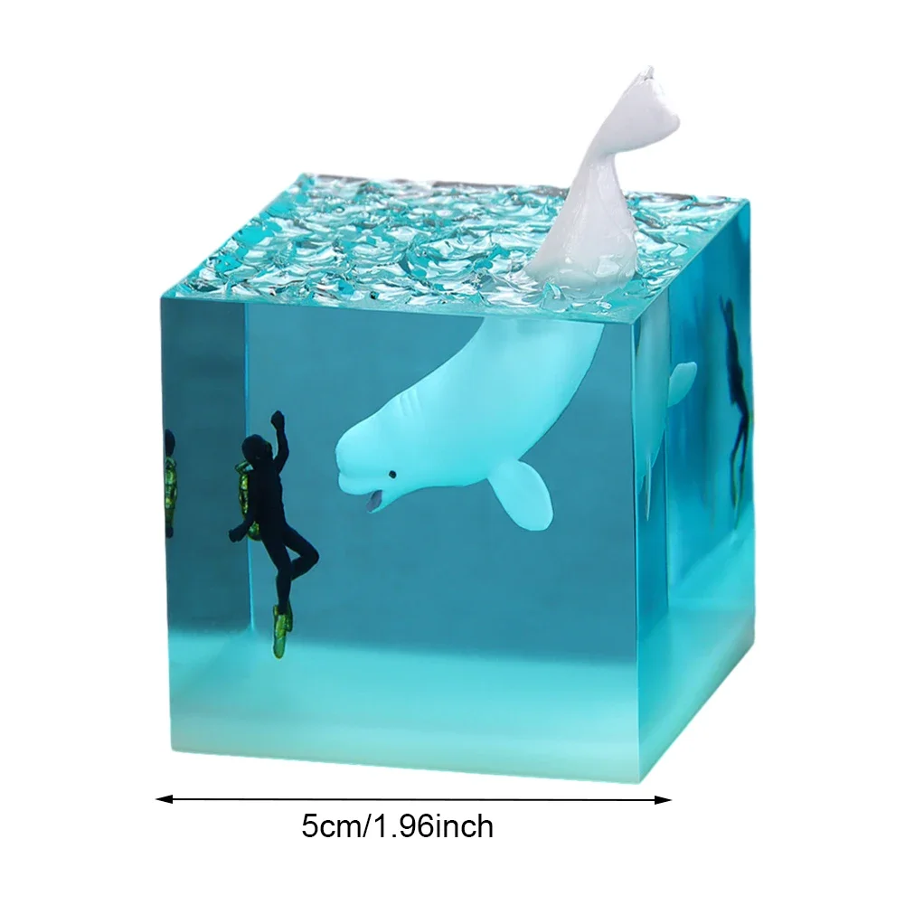 Micro Landscape Whale Diver Model Marine Whale Cube Ornament Epoxy Resin Ocean Shark Diver Figures Decoration LED Night Light